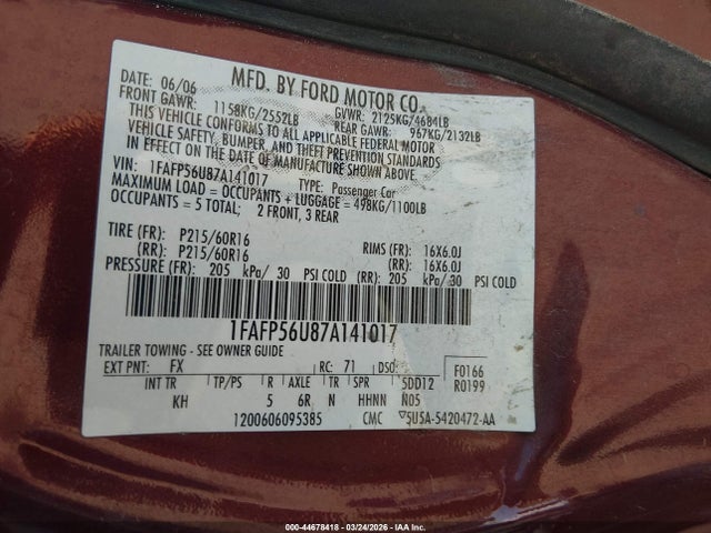 44678418 :رقم المزاد ، 1FAFP56U87A141017 vin ، 2007 Ford Taurus Sel مزاد بيع