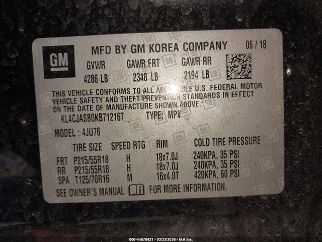 44678421 :رقم المزاد ، KL4CJASB0KB712167 vin ، 2019 Buick Encore Fwd Preferred مزاد بيع
