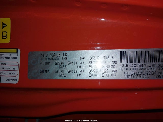 44678445 :رقم المزاد ، 1C4HJXDN2JW229387 vin ، 2018 Jeep Wrangler Unlimited Sport 4x4 مزاد بيع