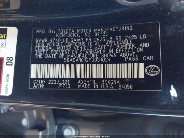 Aukcja sprzedaży 2023 Lexus Es 300h, vin: 58ADA1C12PU031024, numer aukcji: 44678456