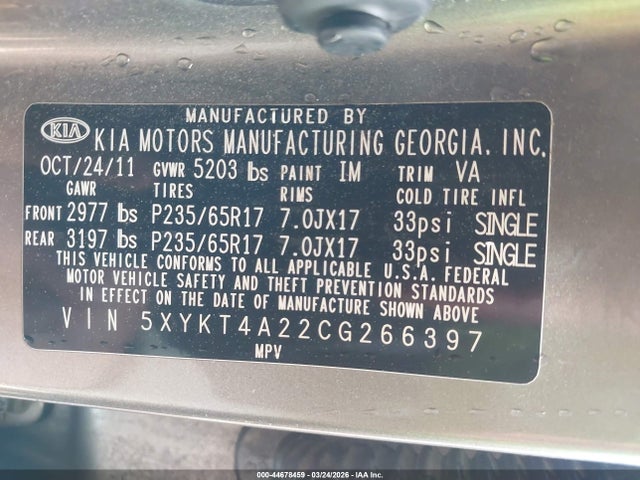 2012 Kia Sorento Lx V6 მანქანა იყიდება აუქციონზე, vin: 5XYKT4A22CG266397, აუქციონის ნომერი: 44678459