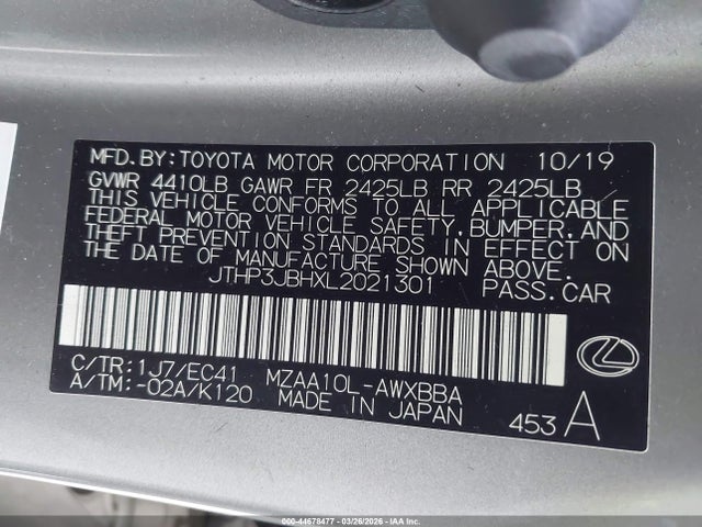 44678477 :رقم المزاد ، JTHP3JBHXL2021301 vin ، 2020 Lexus Ux 200 مزاد بيع