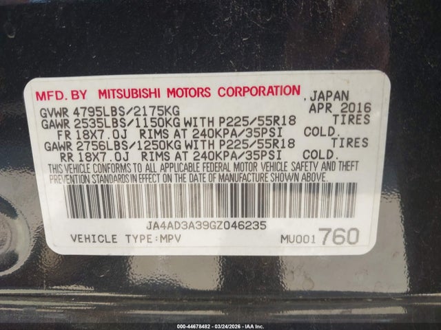 44678482 :رقم المزاد ، JA4AD3A39GZ046235 vin ، 2016 Mitsubishi Outlander Sel مزاد بيع