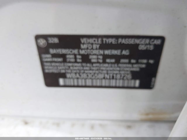 2015 Bmw 328i Xdrive მანქანა იყიდება აუქციონზე, vin: WBA3B3G58FNT18726, აუქციონის ნომერი: 44678485