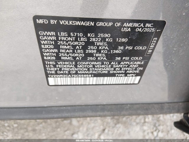 2025 Volkswagen Atlas 2.0t Se W/technology მანქანა იყიდება აუქციონზე, vin: 1V2WR2CA7SC556581, აუქციონის ნომერი: 44678494