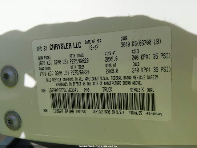 Продажа на аукционе авто 2008 Dodge Ram 1500 Slt, vin: 1D7HA18278J163641, номер лота: 44678495