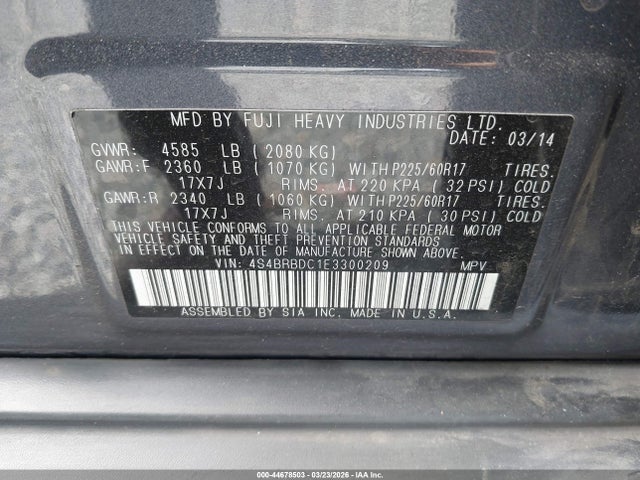 4S4BRBDC1E3300209 Subaru Outback 2.5i Premium