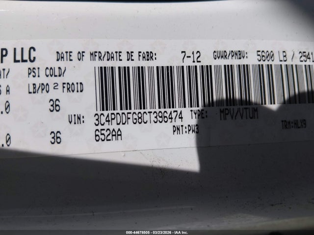 44678505 :رقم المزاد ، 3C4PDDFG8CT396474 vin ، 2012 Dodge Journey R/t مزاد بيع