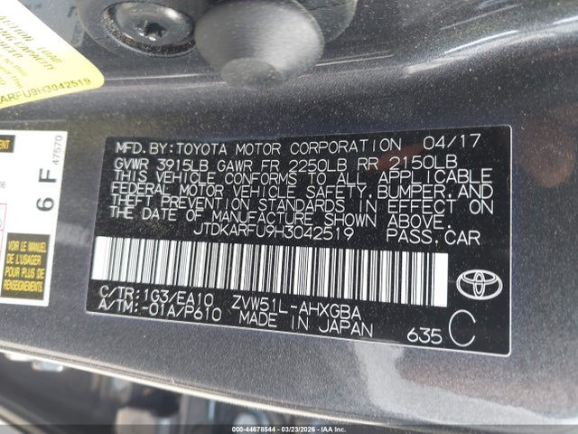 2017 TOYOTA PRIUS JTDKARFU9H3042519 Photo 8