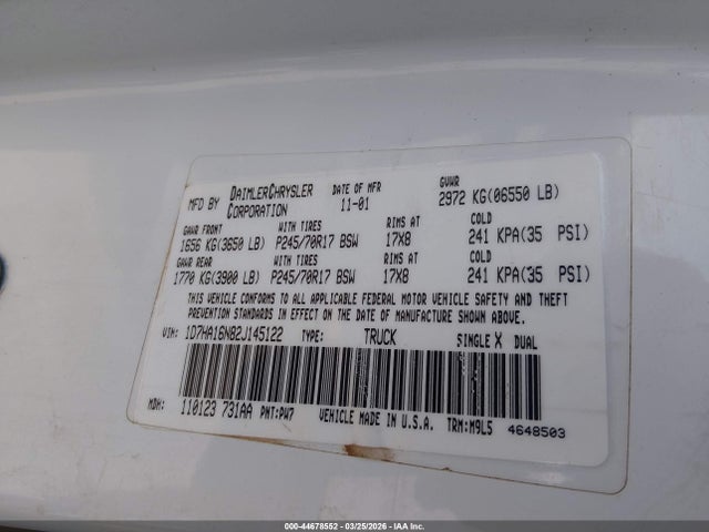 Aukcja sprzedaży 2002 Dodge Ram 1500 St, vin: 1D7HA16N82J145122, numer aukcji: 44678552