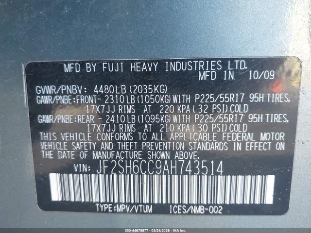 44678577 :رقم المزاد ، JF2SH6CC9AH743514 vin ، 2010 Subaru Forester 2.5x Premium مزاد بيع