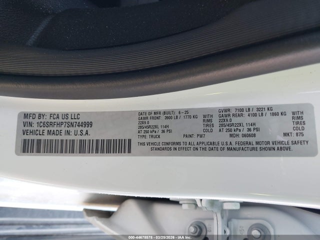 Продаж на аукціоні авто 2025 Ram 1500 Limited  4x4 5'7 Box, vin: 1C6SRFHP7SN744999, номер лоту: 44678578
