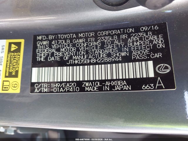 Продаж на аукціоні авто 2017 Lexus Ct Ct 200h F Sport, vin: JTHKD5BH8H2288944, номер лоту: 44678586