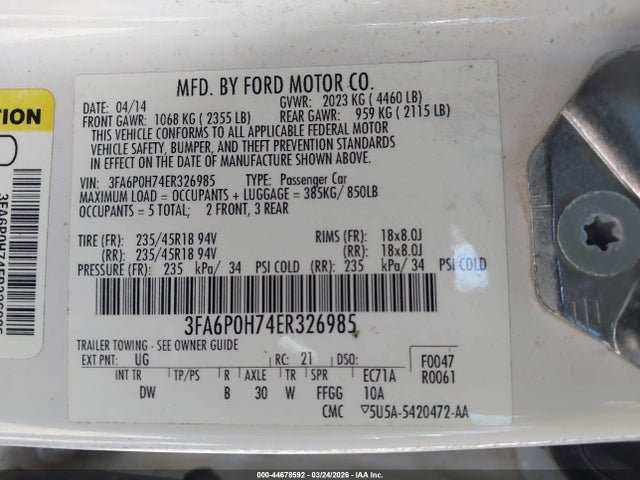 Ford FUSION SE 2014 3FA6P0H74ER326985 Image 9