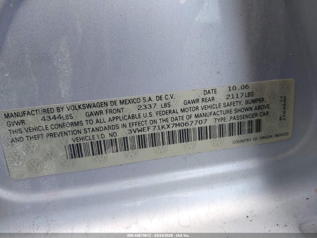 44678612 :رقم المزاد ، 3VWEF71KX7M067707 vin ، 2007 Volkswagen Jetta Wolfsburg Edition مزاد بيع
