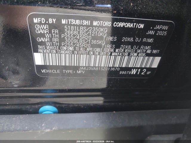 Aukcja sprzedaży 2025 Mitsubishi Outlander Se 2.5 2wd, vin: JA4J3VA81SZ013670, numer aukcji: 44678624