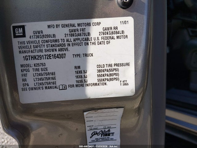 Aukcja sprzedaży 2002 Gmc Sierra 2500hd Sle, vin: 1GTHK29172E164307, numer aukcji: 44678627