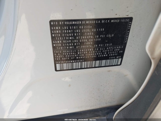 Aukcja sprzedaży 2021 Volkswagen Tiguan 2.0t Se/2.0t Se R-line Black/2.0t Sel, vin: 3VV3B7AX0MM030261, numer aukcji: 44678629