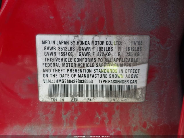 2009 HONDA FIT JHMGE88429S036553 Photo 8