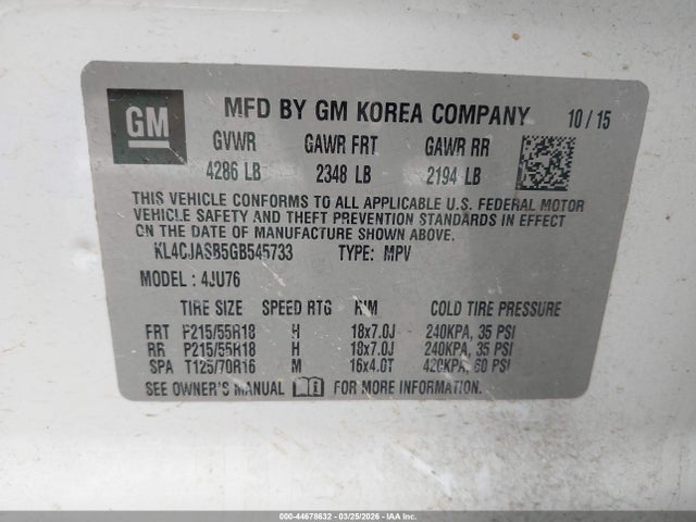 44678632 :رقم المزاد ، KL4CJASB5GB545733 vin ، 2016 Buick Encore مزاد بيع