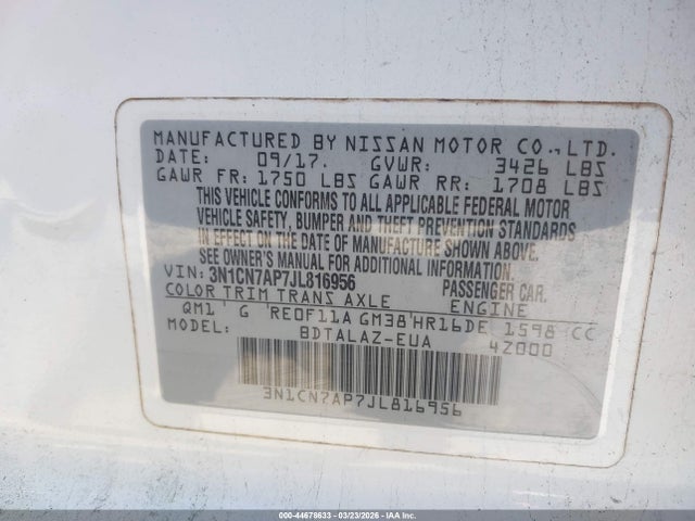 3N1CN7AP7JL816956 Nissan Versa 1.6 S+