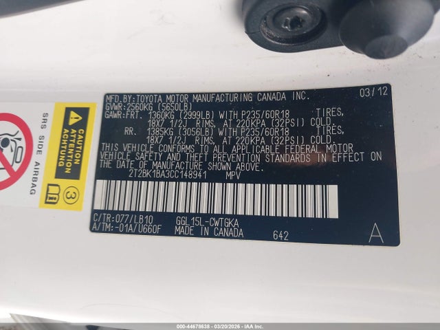 44678638 :رقم المزاد ، 2T2BK1BA3CC148941 vin ، 2012 Lexus Rx 350 مزاد بيع