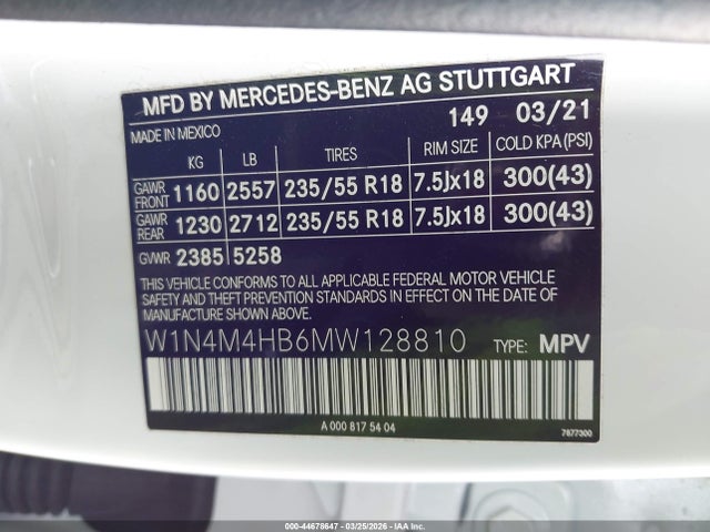 44678647 :رقم المزاد ، W1N4M4HB6MW128810 vin ، 2021 Mercedes-benz Glb 250 4matic مزاد بيع