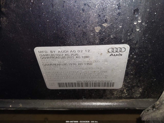 44678666 :رقم المزاد ، WA1DKAFP4CA083981 vin ، 2012 Audi Q5 3.2 Premium Plus مزاد بيع