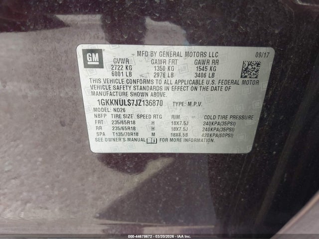 Aukcja sprzedaży 2018 Gmc Acadia Slt-1, vin: 1GKKNULS7JZ136870, numer aukcji: 44678672