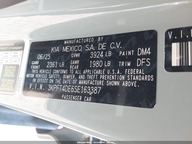 Aukcja sprzedaży 2025 Kia K4 Lxs, vin: 3KPFT4DE6SE163387, numer aukcji: 44678683