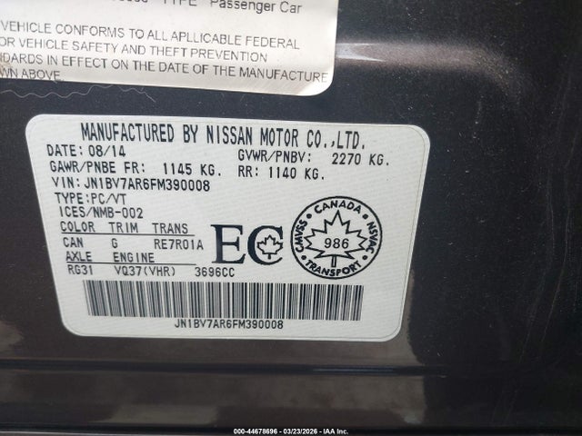 44678696 :رقم المزاد ، JN1BV7AR6FM390008 vin ، 2015 Infiniti Q50 Premium/sport مزاد بيع