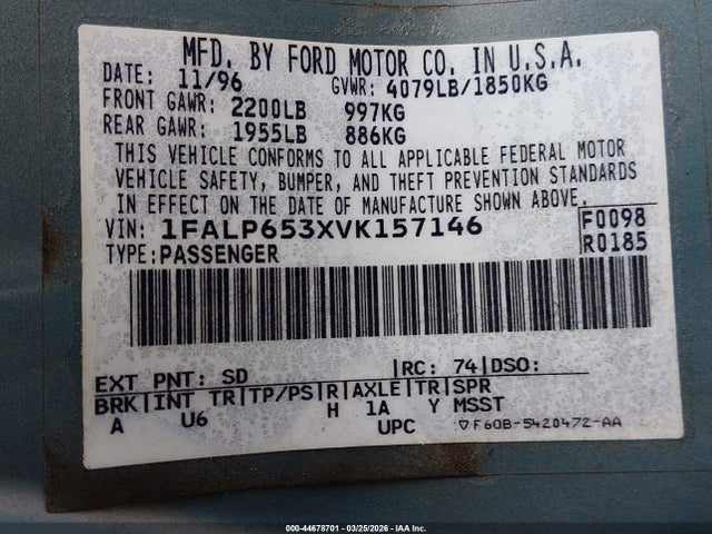44678701 :رقم المزاد ، 1FALP653XVK157146 vin ، 1997 Ford Contour Gl مزاد بيع