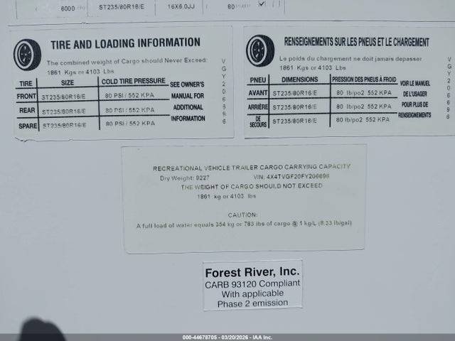 4X4TVGF20FY206696 Forest River Ev096a