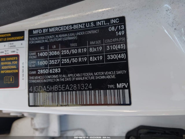 Продаж на аукціоні авто 2014 Mercedes-benz Ml 350 4matic, vin: 4JGDA5HB5EA281324, номер лоту: 44678715