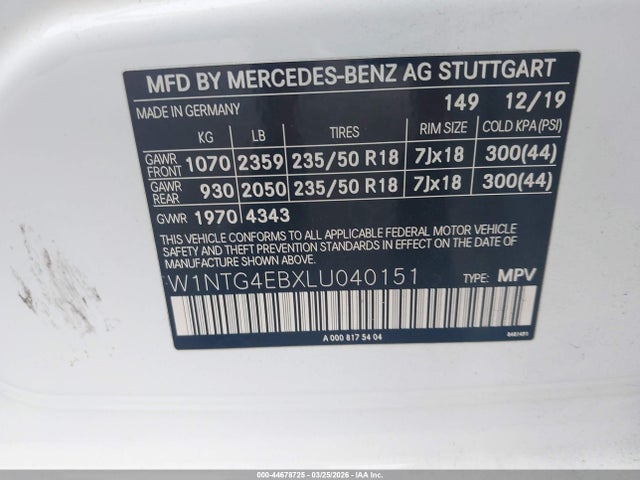 44678725 :رقم المزاد ، W1NTG4EBXLU040151 vin ، 2020 Mercedes-benz Gla 250 مزاد بيع