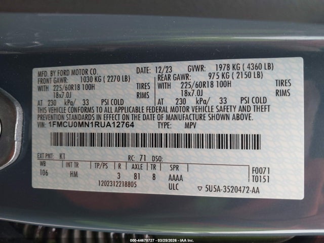 Aukcja sprzedaży 2024 Ford Escape St-line, vin: 1FMCU0MN1RUA12764, numer aukcji: 44678727