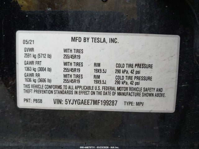 2021 TESLA MODEL Y 5YJYGAEE7MF199287 Photo 8