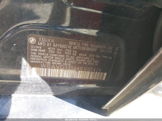 2006 Bmw 330xi მანქანა იყიდება აუქციონზე, vin: WBAVD33566KV67424, აუქციონის ნომერი: 44678736