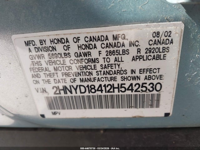 44678738 :رقم المزاد ، 2HNYD18412H542530 vin ، 2002 Acura Mdx مزاد بيع