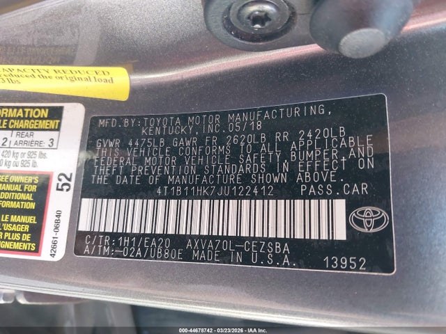 4T1B11HK7JU122412 Toyota CAMRY SE