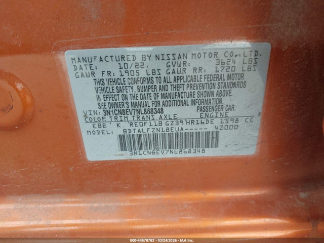 2022 Nissan Versa 1.6 Sv Xtronic Cvt მანქანა იყიდება აუქციონზე, vin: 3N1CN8EV7NL868348, აუქციონის ნომერი: 44678762
