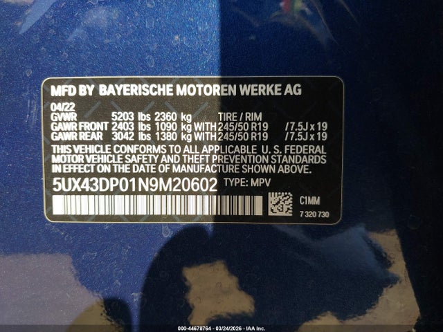 5UX43DP01N9M20602 BMW X3 Sdrive30i