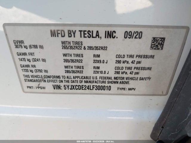Aukcja sprzedaży 2020 Tesla Model X Long Range Dual Motor All-wheel Drive/long Range Plus Dual Motor All-wheel Drive, vin: 5YJXCDE24LF300010, numer aukcji: 44678786