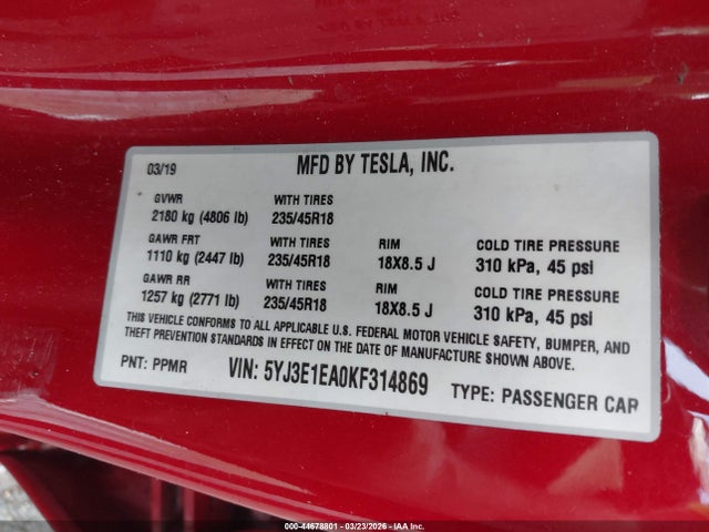 2019 Tesla Model 3 Long Range/mid Range/standard Range/standard Range Plus მანქანა იყიდება აუქციონზე, vin: 5YJ3E1EA0KF314869, აუქციონის ნომერი: 44678801