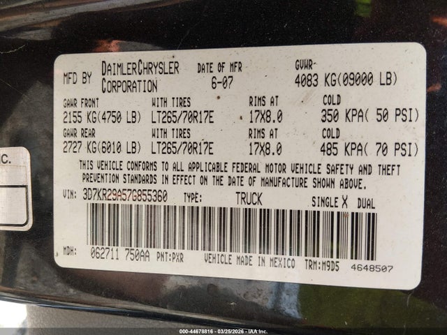 44678816 :رقم المزاد ، 3D7KR29A57G855360 vin ، 2007 Dodge Ram 2500 Slt مزاد بيع