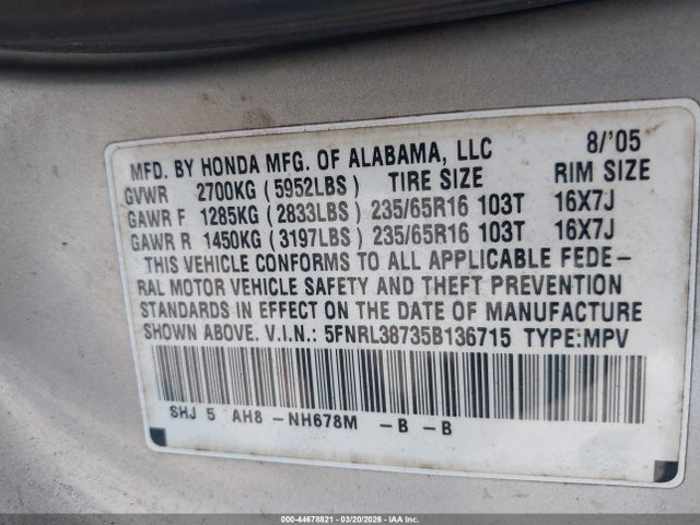 2005 HONDA ODYSSEY 5FNRL38735B136715 Photo 8
