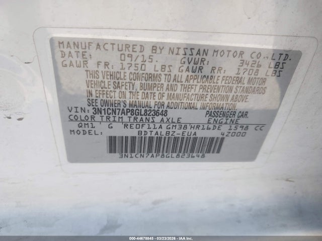 3N1CN7AP8GL823648 Nissan Versa 1.6 S/1.6 S+/1.6 Sl/1.6 Sv