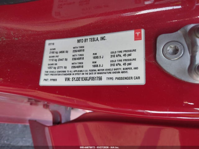 Продаж на аукціоні авто 2018 Tesla Model 3 Long Range/mid Range, vin: 5YJ3E1EAXJF051756, номер лоту: 44678872