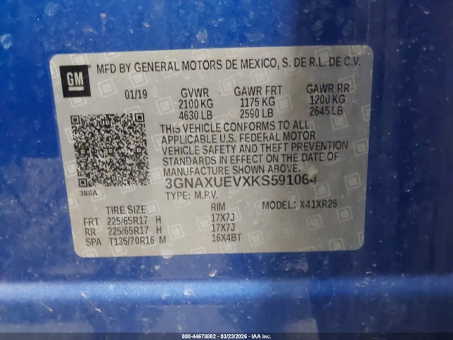 Aukcja sprzedaży 2019 Chevrolet Equinox Lt, vin: 3GNAXUEVXKS591064, numer aukcji: 44678882
