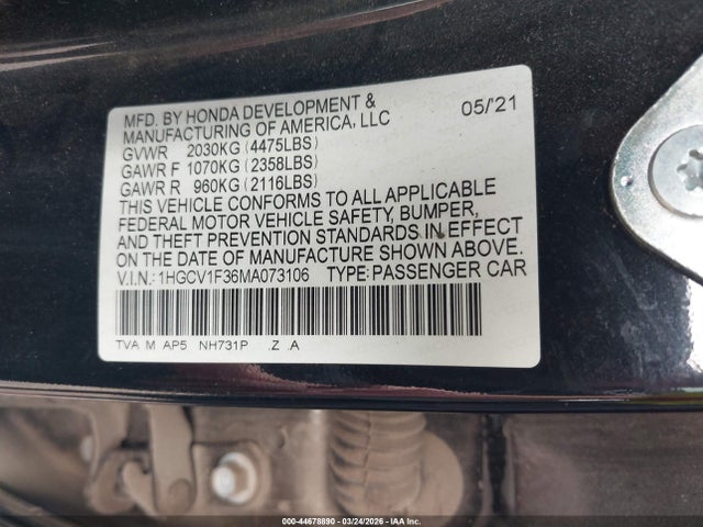 Продаж на аукціоні авто 2021 Honda Accord Sport, vin: 1HGCV1F36MA073106, номер лоту: 44678890